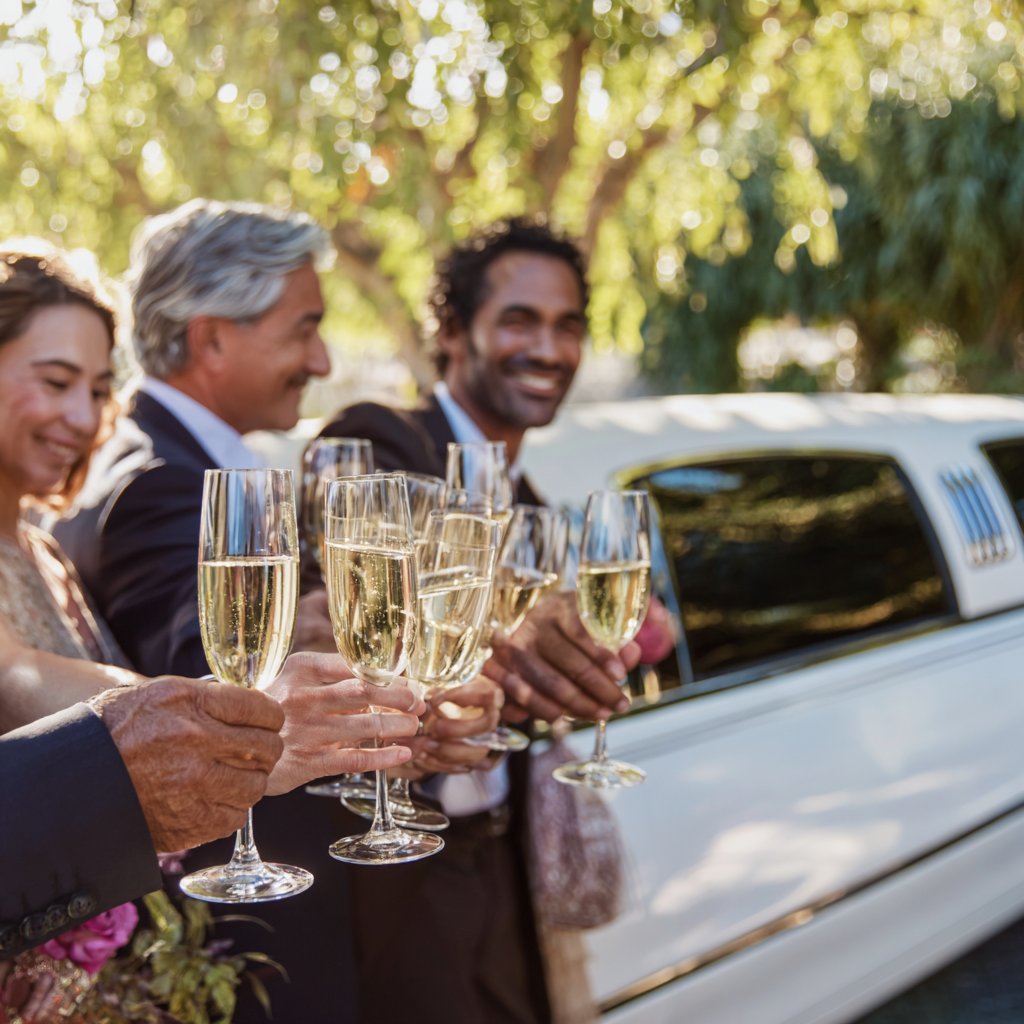 Wedding celebration with luxury limousine